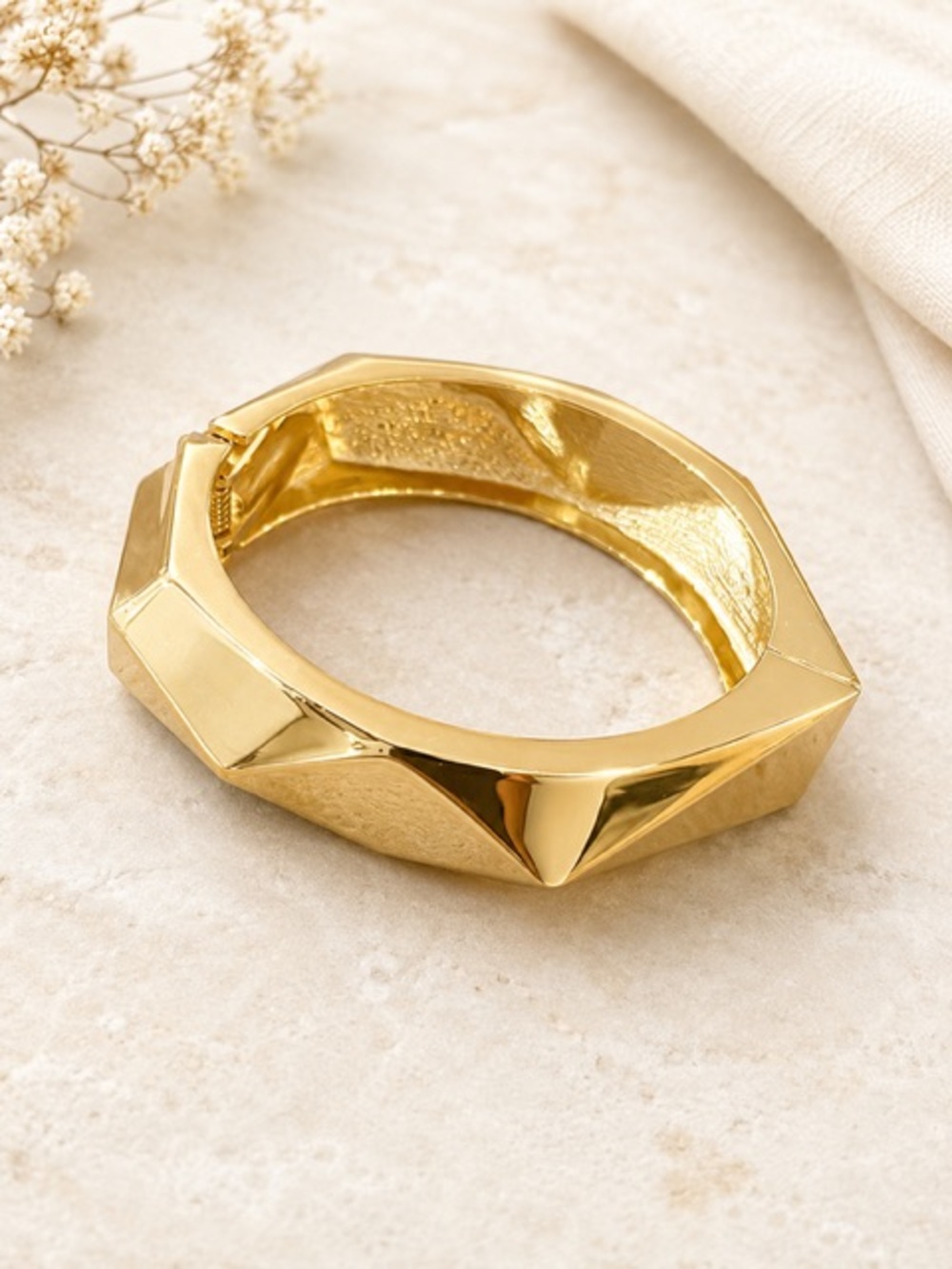 Geometric Faceted Gold Hinged Bangle Bracelet